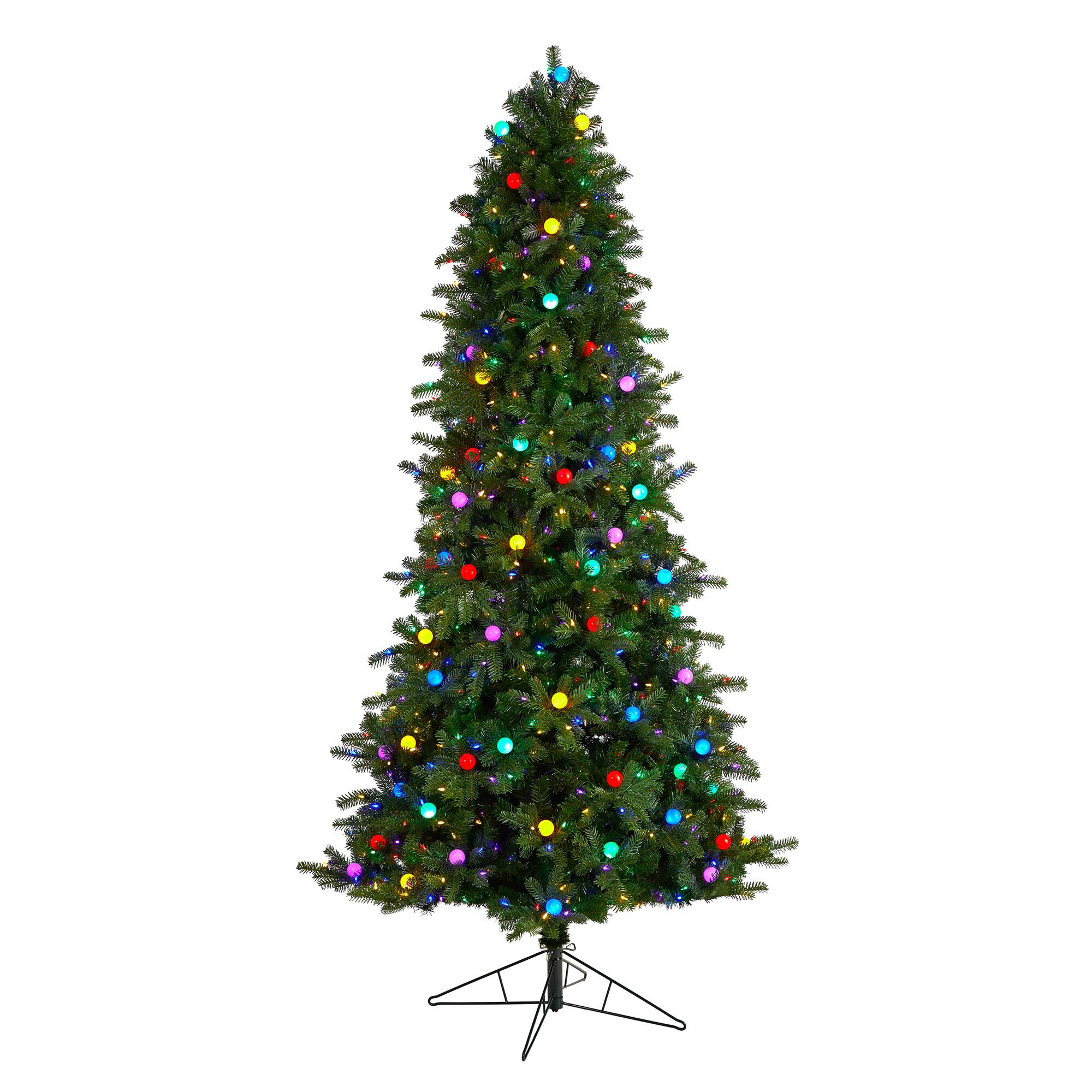 8.5ft. Pre-Lit Montana Mountain Fir Artificial Christmas Tree, Multicolor LED Lights & Globe Bulbs